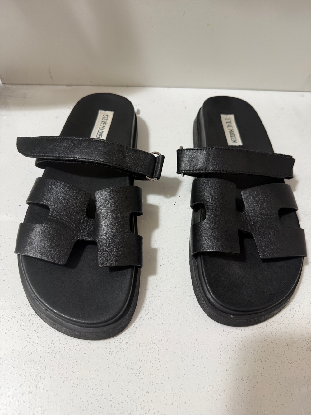 Steve Madden Black Leather Double-Strap Slide Sandals